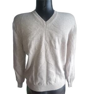 United Colors Of Benetton Cream 100% Wool V-Neck Preppy Lightweight Sweater L